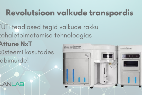 Postituse tunnuspilt tekstiga "Revolutsioon valkude transpordis. TÜTI teadlased tegid valkude rakku kohaletoimetamise tehnoloogias Attune NxT süsteemi kasutades läbimurde!" Piltil ka Attune NxT voolutsütomeeter ja LanLab logo.