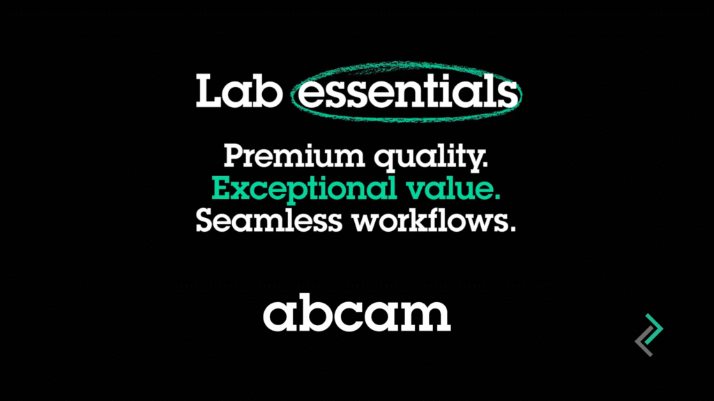 Text - Lab essentials, premium quality, exeptional value, seamless workfows. Abcam and Lanlab logos
